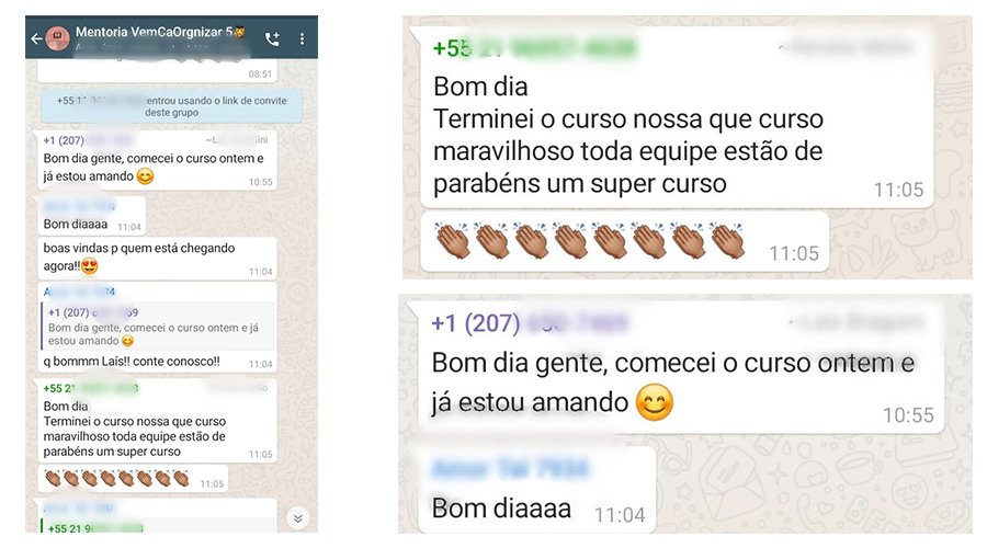 Curso de Personal Organizer Online com Certificado 13 depoimentos das alunas no whatsapp